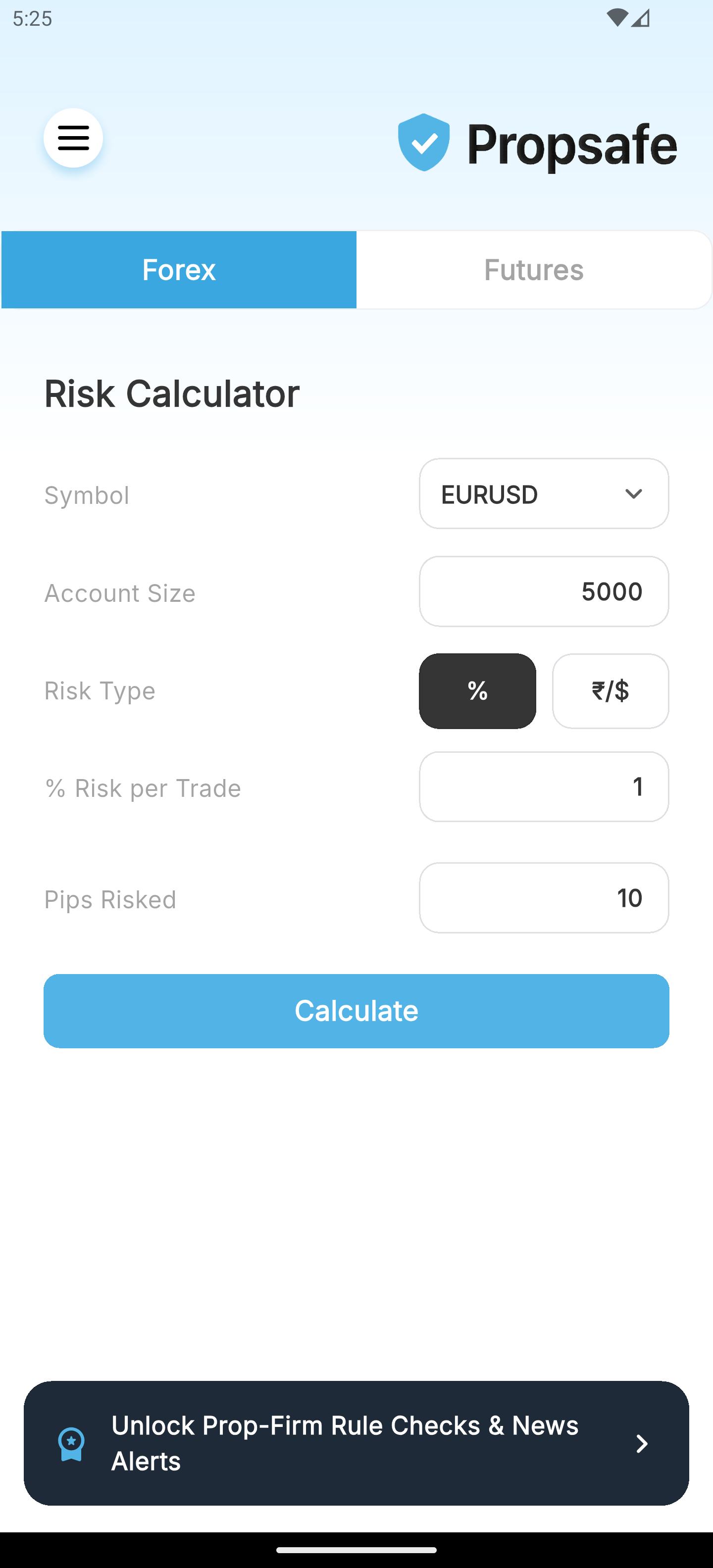 Propsafe Forex risk calculator screen